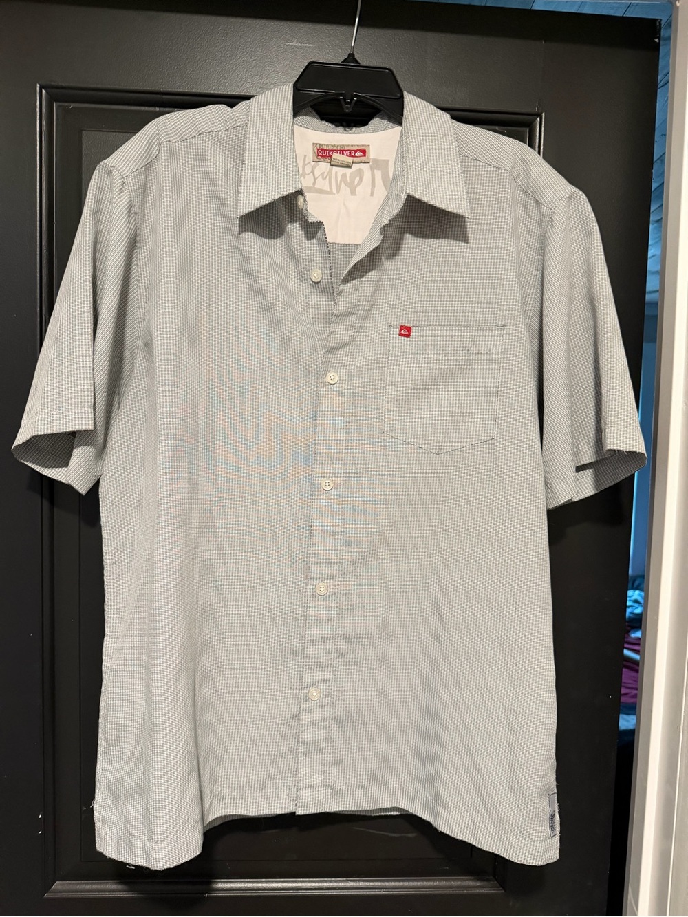 Quiksilver Men's Light Blue Micro-Check Short Sleeve Button-Up Shirt